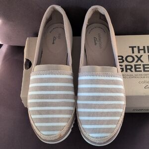 Clarks Tan and Cream Striped Slip-On Shoes